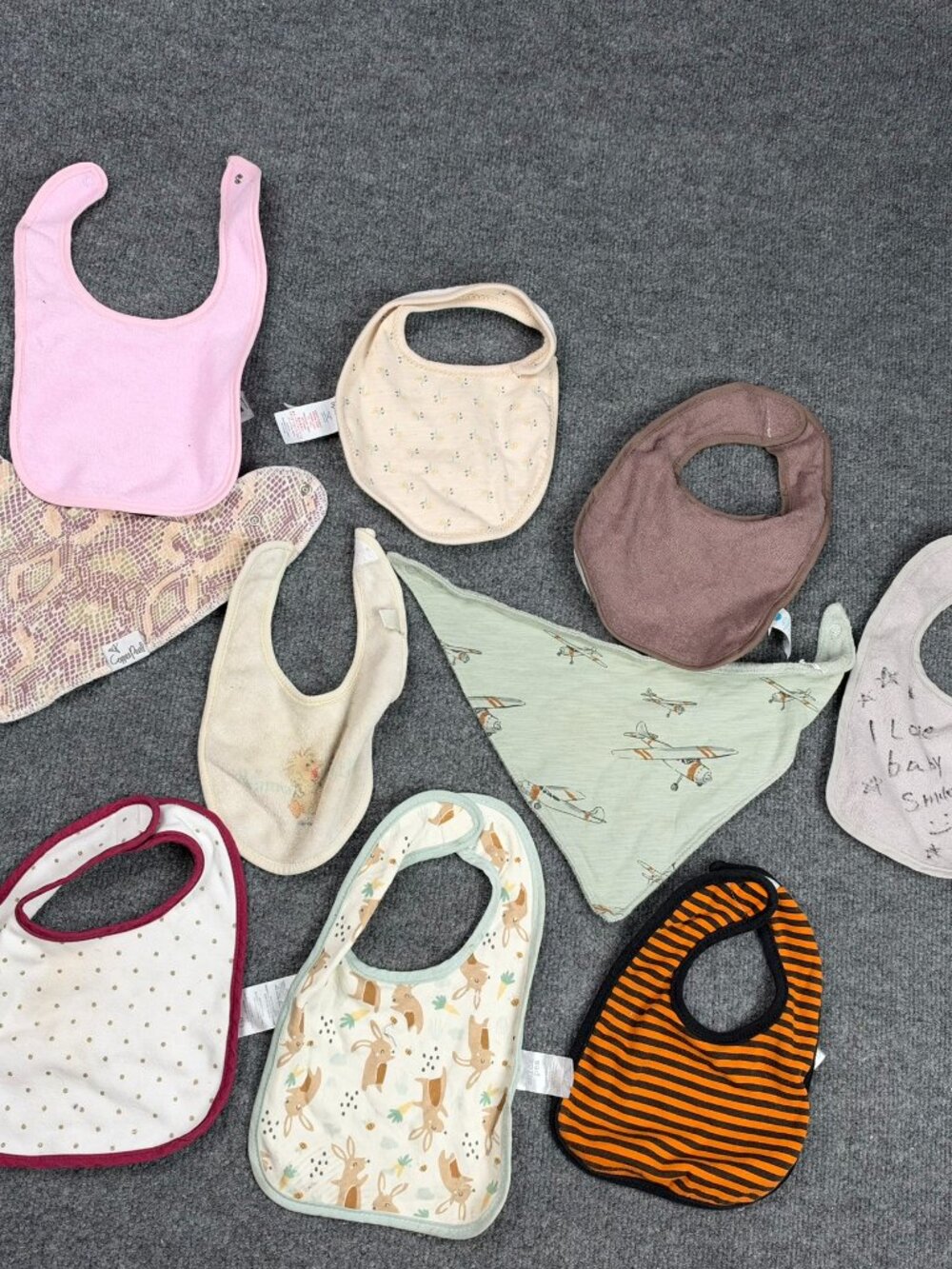 Lot 10 Baby Bibs Copper Pearl Snakeskin Bunny Airplane Gold Dots Unisex